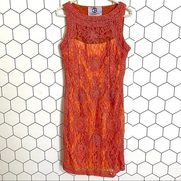 JS Collections Soutache and Lace Melon Sleeveless Sheath Dress SIZE 4 - Picture 2 of 8